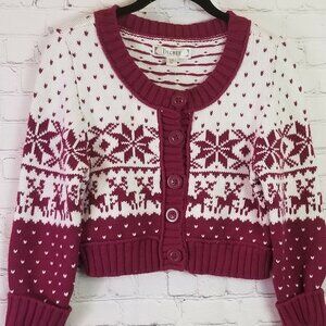 DECREE Girls Junior sz Large Cropped Button Front Reindeer Boysenberry Sweater L
